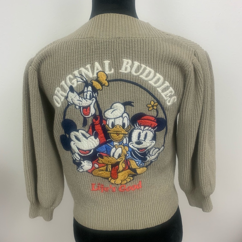 Disney Series by Moussy Rare Tan Woman Cardigan Colorful Character Embroidery
